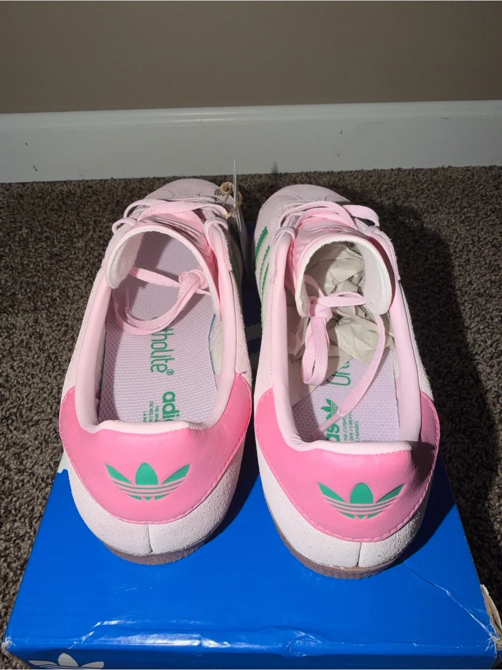 adidas Kids Pink Suede Sneakers with Green Stripes and Gum Sole